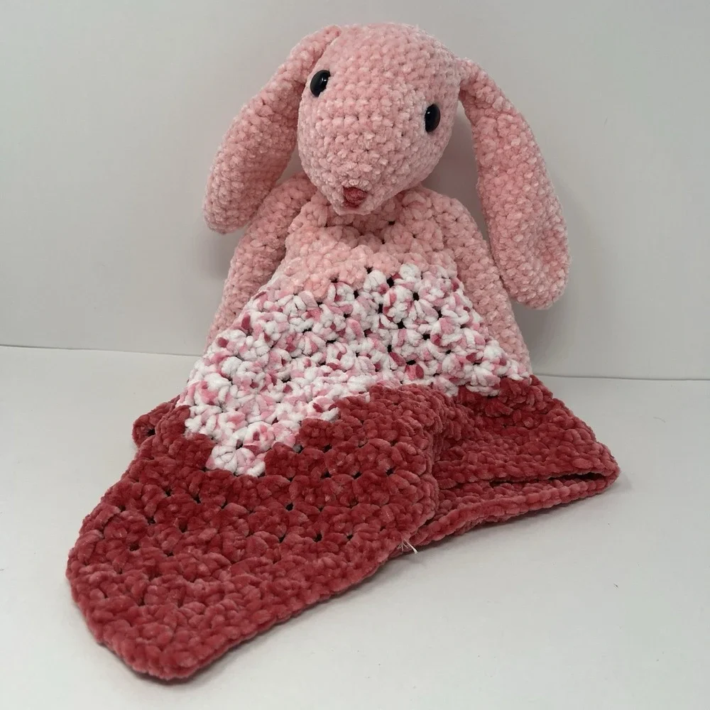 Handmade Crochet Bunny Lovey 20in Pink Security Blanket Plush Soft Toy